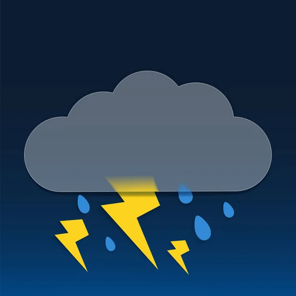 Vektör çizimi. Koyu arkaplanda cam morfizm, yıldırım ve yağmur damlaları şeklinde bulutlu hava simgesi.