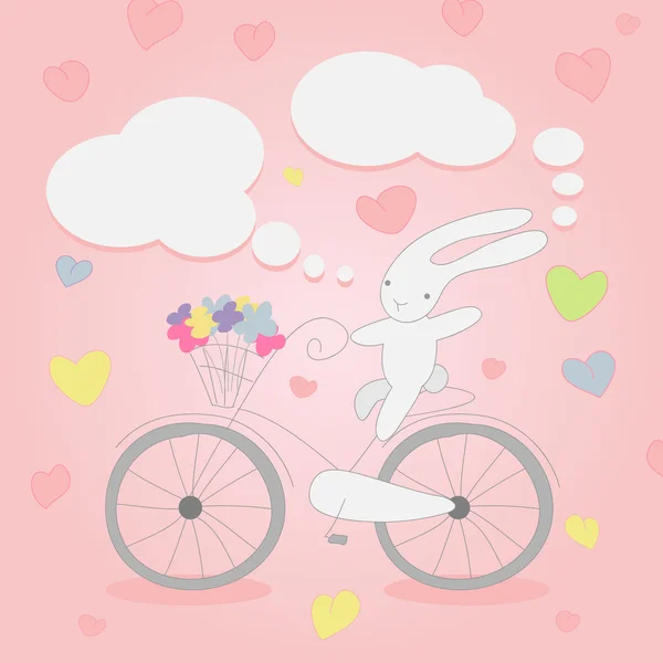 Coelhinho branco engraçado na bicicleta —  Vetores de Stock