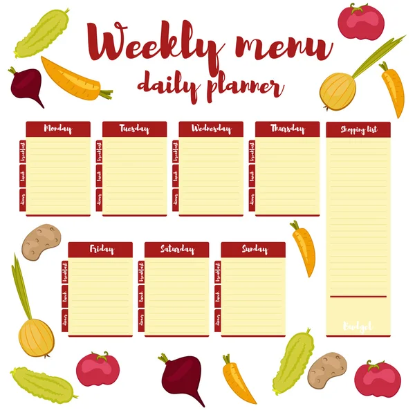 Haftalık menü günlük kırmızı planlayıcısı — Stok Vektör