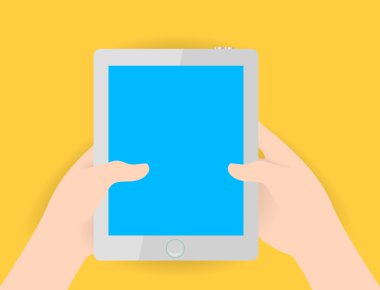 Tablet mavi ekran el holding beyaz renkli