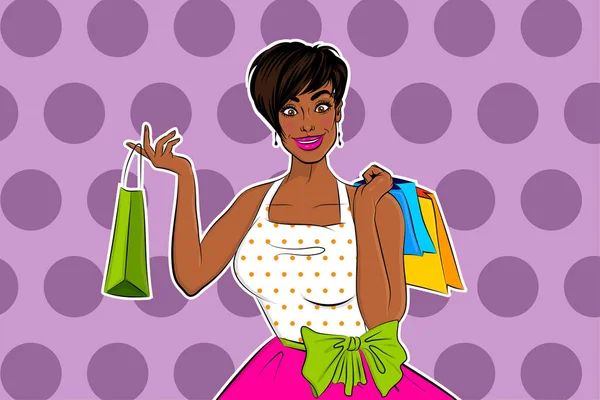 Belle africaine noire pop art fille shopping — Image vectorielle