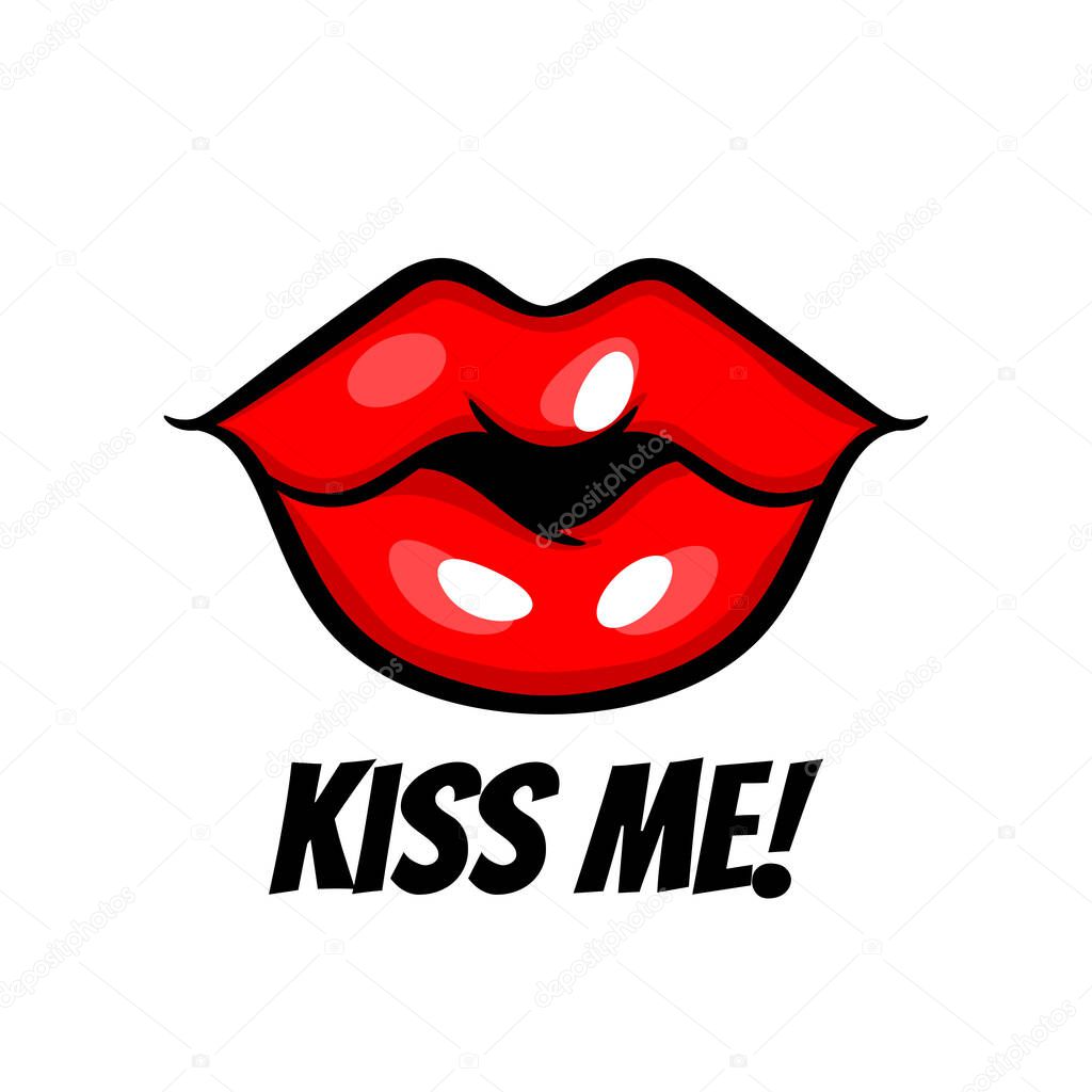 Kiss me red woman lips in pop art style.