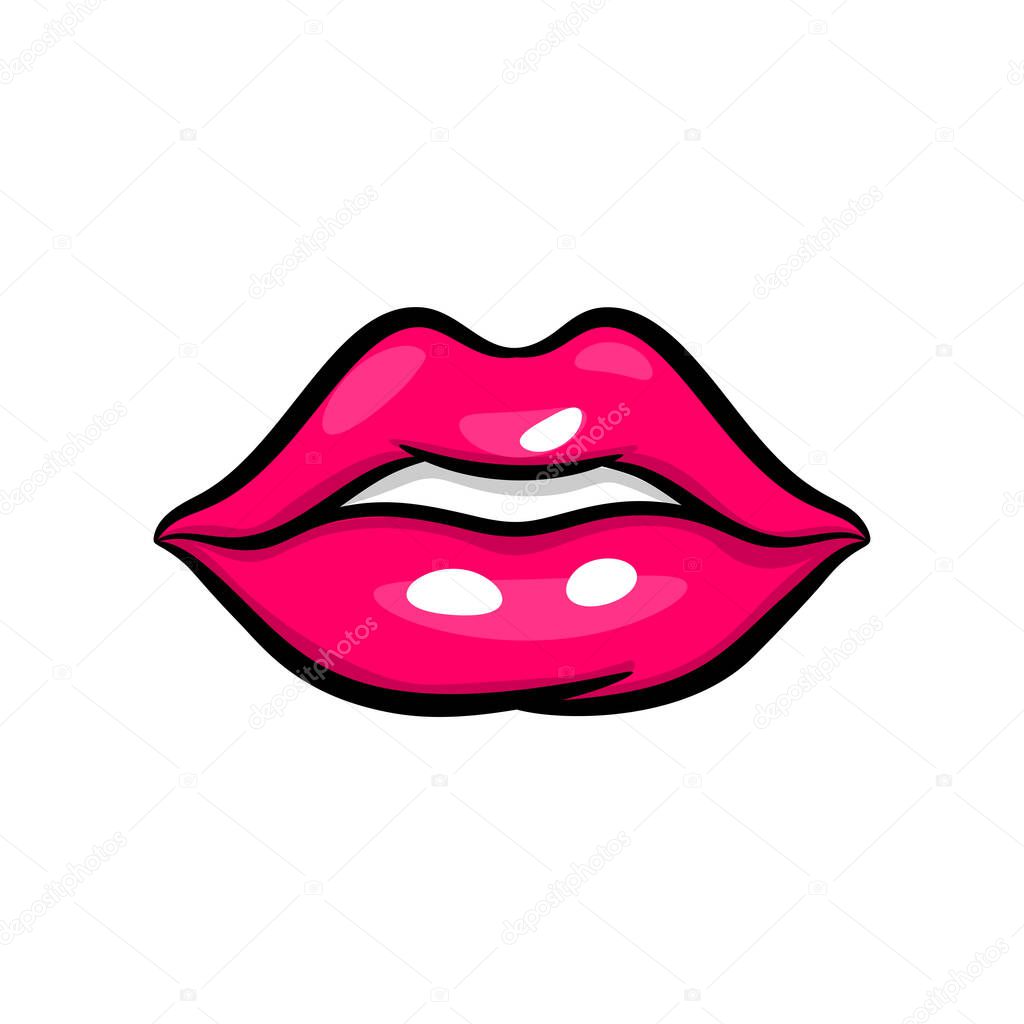 Pink red woman lips in pop art style.