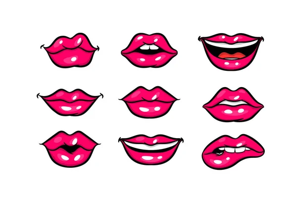 Pink red woman lips in pop art style. — Stock Vector