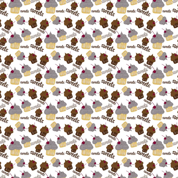 Motif sans couture coloré avec fruits colorés et cupca au chocolat — Image vectorielle