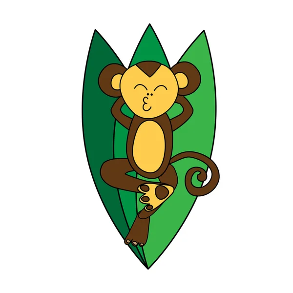 Zabawny brązowy małpa relaksuje w zielonych liści — Wektor stockowy