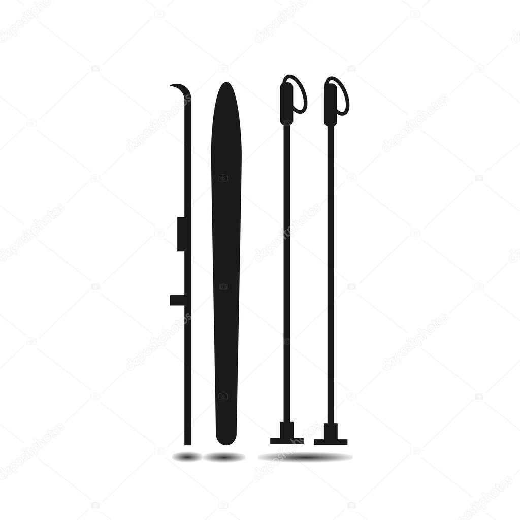 Vector icon of skis with ski poles with shadow
