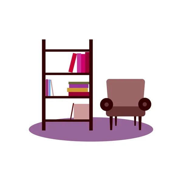 Könyvespolc fotel belsőépítészeti lapos fehér alapon — Stock Vector
