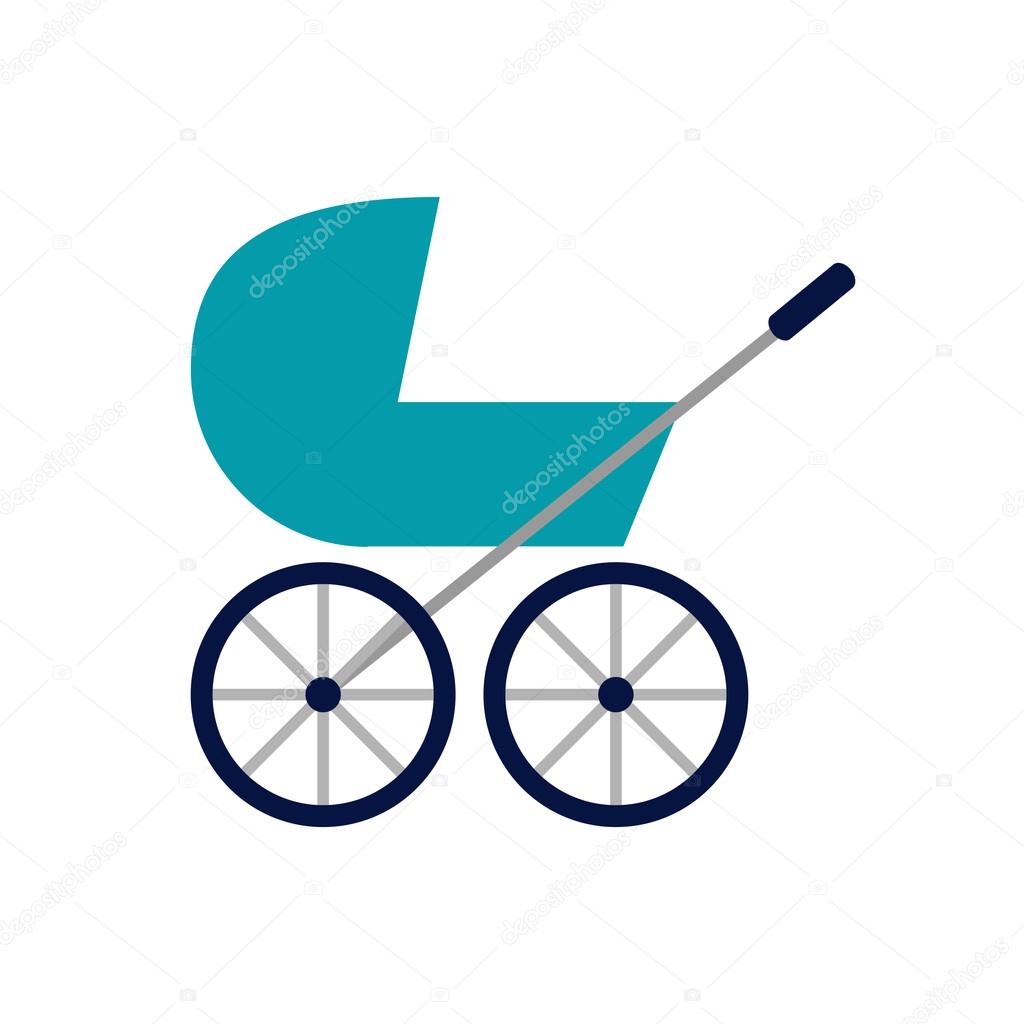 Colored baby stroller with big wheels blue color flat icon