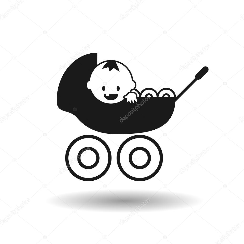 Newborn baby boy smiling in the stroller flat vector icon on white background with shadow