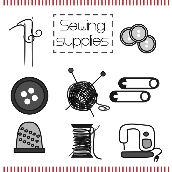 Conjunto vectorial de iconos con herramientas de coser en estilo Doodle — Vector de stock