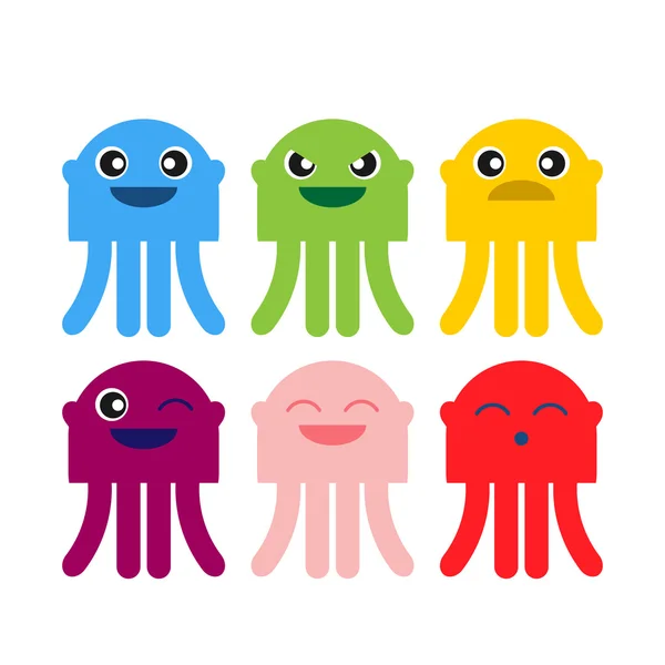 Color lindo medusas sonriente icono conjunto — Vector de stock