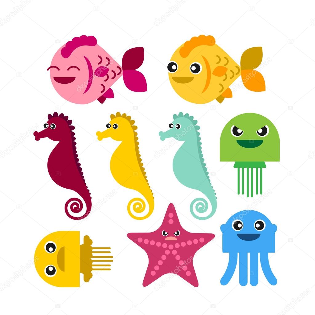 Stella Marina cavalluccio marino colorato pesce meduse Impostare sull icona vettore sfondo bianco Stella Marina di meduse di cavalluccio marino colorato pesce — Vettoriali di helensh Trova immagini simili