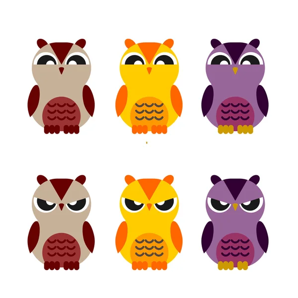 Chouettes mignonnes colorées ensemble d'icône plate — Image vectorielle