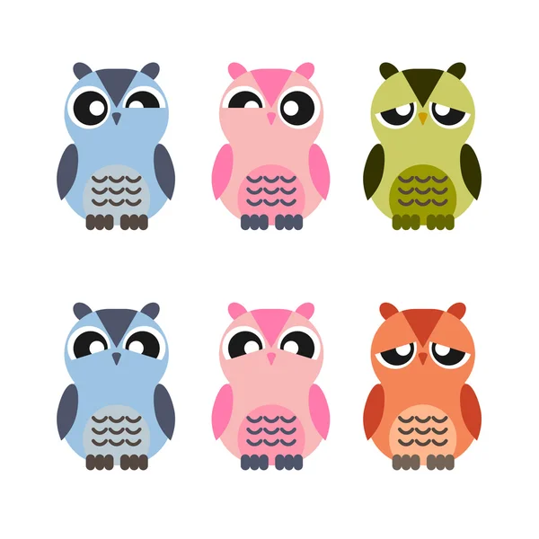 Colored cute owls set of flat icon — Stock Vector