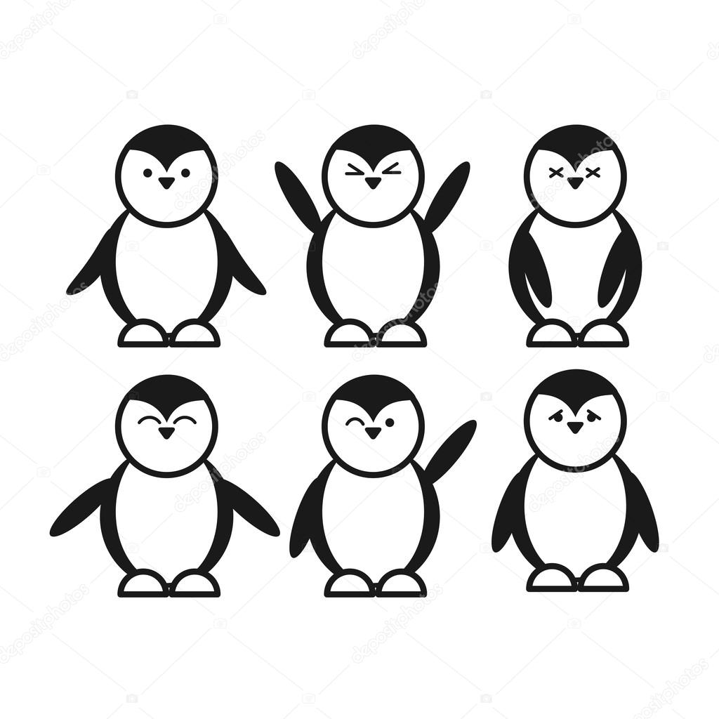 Black vector cute funny penguin set of flat icon emotion and facial expressions
