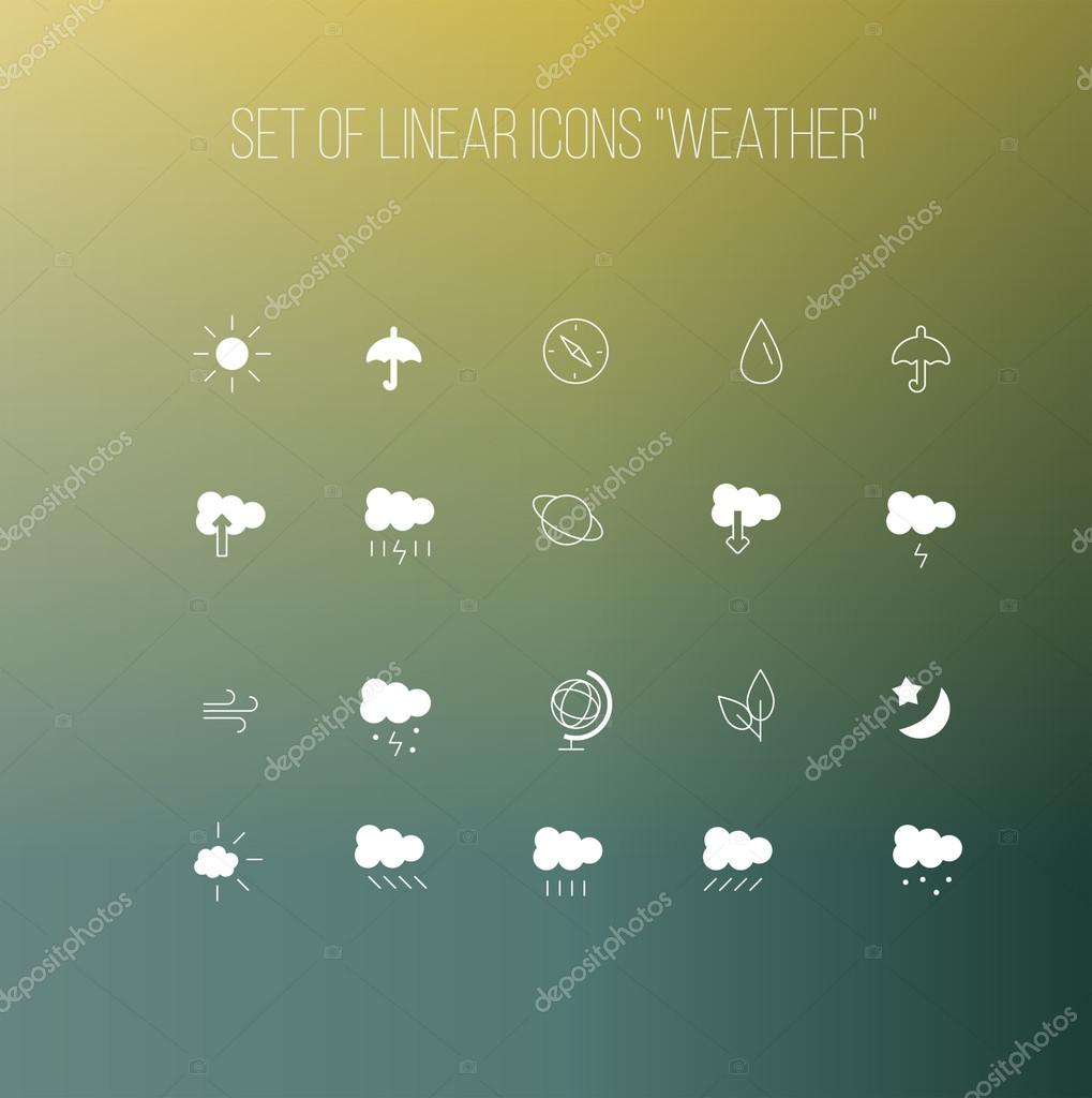 A set of thin white linear vector icon weather, and weather conditions on the color background