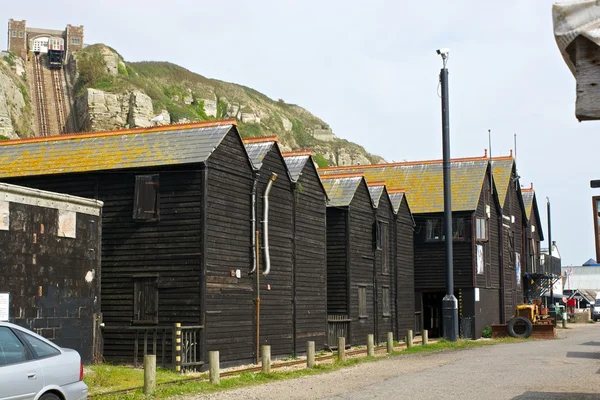 Fiskaren hyddor i Hastings i England — Stockfoto