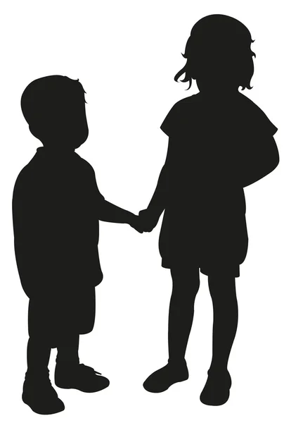 Zwei Kinder Hand in Hand, Silhouettenvektor — Stockvektor