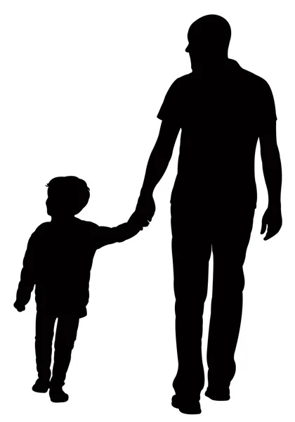 Padre e hijo caminando, silueta vector — Vector de stock