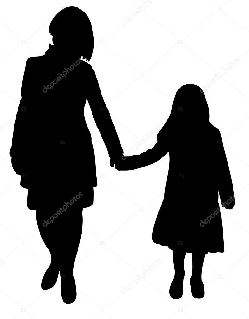 Mom and daughter together, happy family silhouette vector