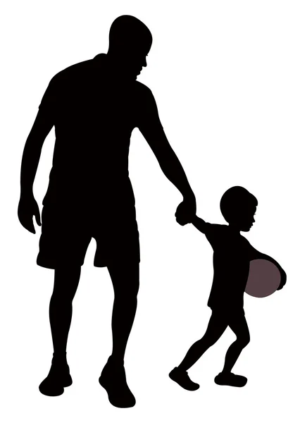 父と息子が歩いて、少年はボールで遊びたいです。 — ストックベクタ