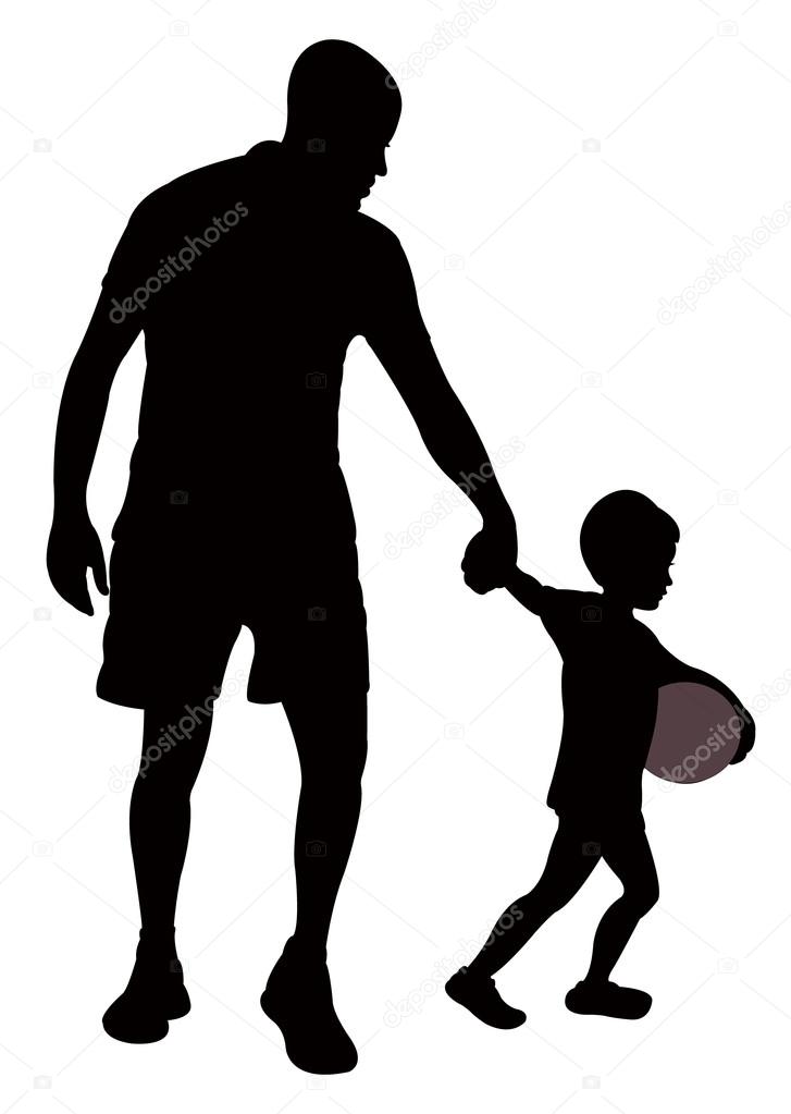 Father and son walking, boy want to play with ball