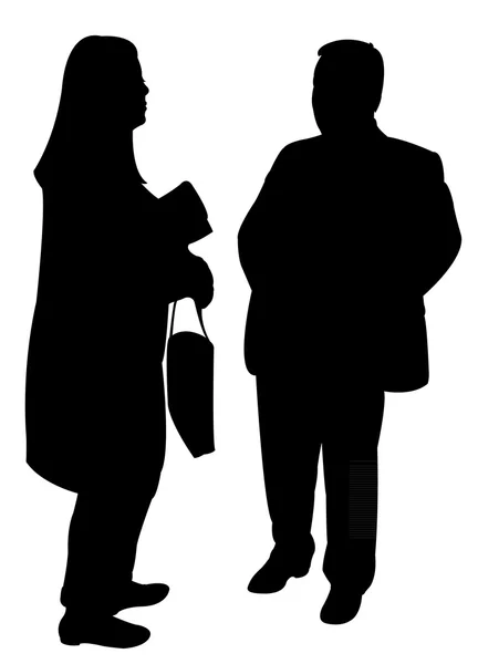 Silhuetter av to personer som står og snakker med hverandre – stockvektor