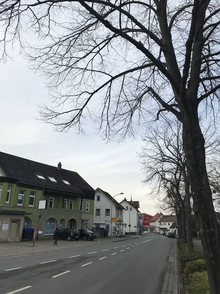 Bad Harzburg, Almanya 'da karayolu, bina ve tren istasyonu yakınlarındaki ağaç manzarası