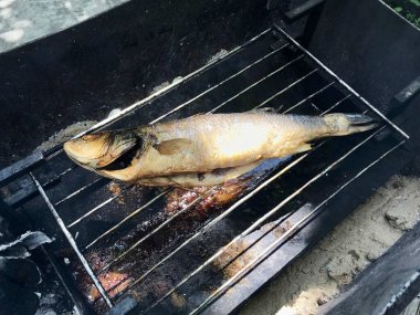 Mangal üzerine füme balık (barbekü). Tütsülenmiş balık. Yiyecek endüstrisi. Ev yapımı yemek..