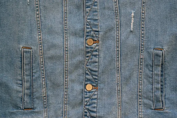 Front Part Lower Pockets Worn Blue Denim Jacket Closeup — Stock Photo, Image