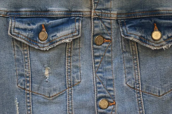 Front Part Upper Pockets Old Worn Blue Denim Jacket Closeup — Stock Photo, Image