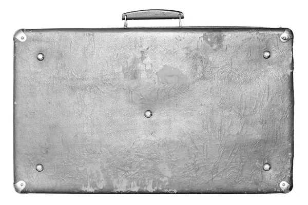 Vieja maleta gris malhumorado sobre un fondo blanco —  Fotos de Stock