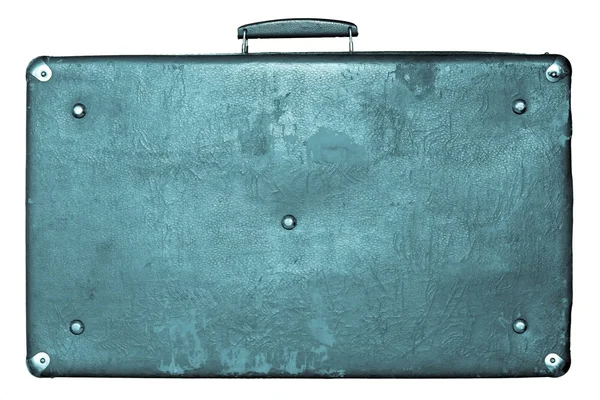 Beyaz zemin üzerinde eski püskü mavi bavul — Stok fotoğraf