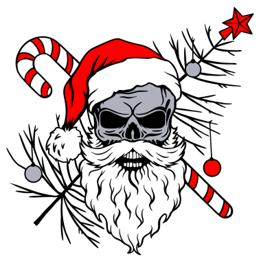 Siyah Noel Baba kafatası şeker kamışı ve Noel şapkası, gotik tatil tasarımı, illüstrasyon.