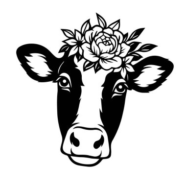 Dekoratif çiçekli inek kafasının siyah-beyaz çizimi, beyaz arka planda izole edilmiş.