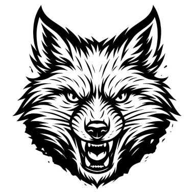 Black and white vector illustration of a wild fox head, detailed outline, sharp silhouette, clean line art