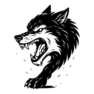 Geniş pençeli, kükreyen bir kurdun siyah beyaz vektör çizimi