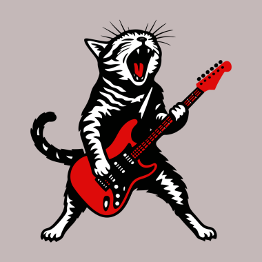 Elektro gitar çalan rock kedisi, kırmızı ayrıntı taşıyan siyah beyaz çizgiler, arka planda izole edilmiş.