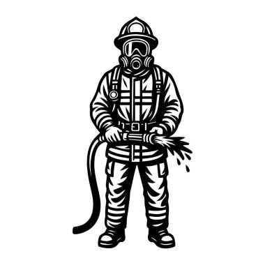 Tam teçhizatlı itfaiyeci elinde suyla bir hortum tutuyor. Kahraman çizgisi sanat tarzı.