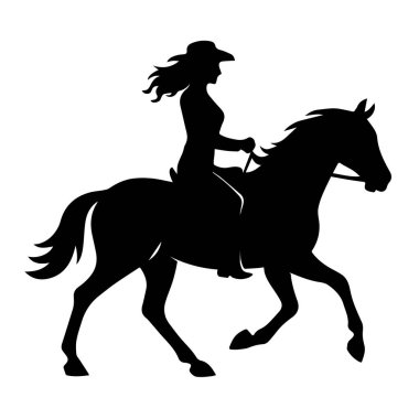 Ata binen bir kovboyun siyah ve beyaz vektör silueti. Yazdırma ve kesme dosyaları için şık batı tarzı illüstrasyon.