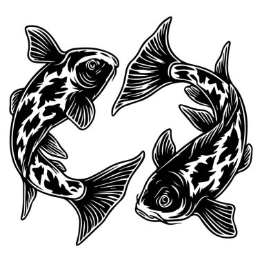 Dairesel bir hareketle yüzen iki koi balığının siyah beyaz vektör çizimi. Japon çizgisi tarzı