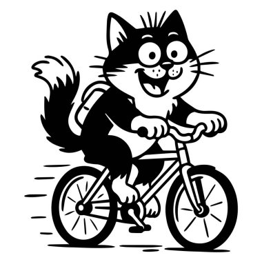 Sırt çantasıyla bisiklete binen mutlu bir kedinin siyah beyaz çizimi. Komik çizgi film çizgisi geçmişe dönük sanat tarzı.