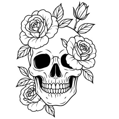 Siyah beyaz çizgili güllerle süslenmiş insan kafatası. Sembolik gotik çizim
