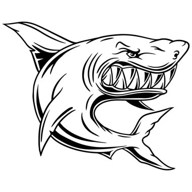 Açık Ağızlı Agresif Köpekbalığı Başı Siyah ve Beyaz Görüntü