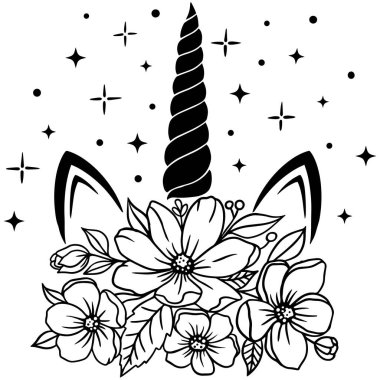 Siyah beyaz çizgili çiçeklerle çevrili tek boynuzlu at boynuzu. Parmak izleri ve dövmeler için büyülü bir illüstrasyon.