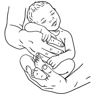 Uyuyan Bebek Anne Ellerinde Siyah ve Beyaz Çizgi İllüstrasyonu