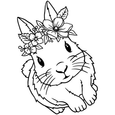 Şirin Tavşan Hattı Sanat Seti, Çiçekli Tavşan ve Paskalya Sepeti İllüstrasyonu, Siyah ve Beyaz Vektör Clipart