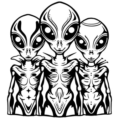 Üç Uzaylı Karakteri, Ürkütücü Uzaylı Üçlüsü, Siyah ve Beyaz Çizgi Sanat Sanatı Uzaylı Vektör Resimleri İzole Edildi