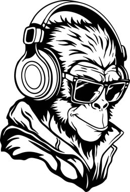 Güneş gözlüklü ve kulaklıklı havalı maymun kapüşonlu, müzik dinleyen şık siyah-beyaz vektör tasarımı.